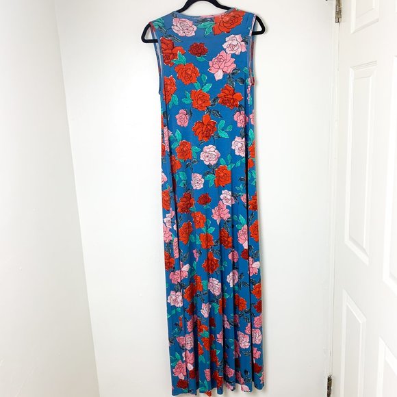 Rachel Pally Kaftan Dress Blue Red Floral V Neck Pleated Stretch Maxi XS - Picture 7 of 7
